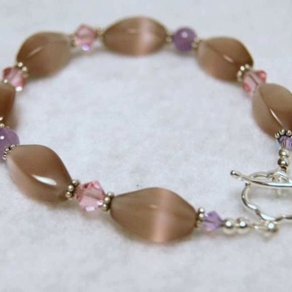 Handmade Pink Cat's Eye Glass, Amethyst Beads, & Sterling Silver Bracelet - Picture 8 of 8